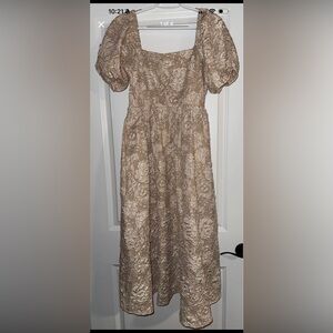In February Maternity Puff-Sleeve Lace Midi Dress in Beige